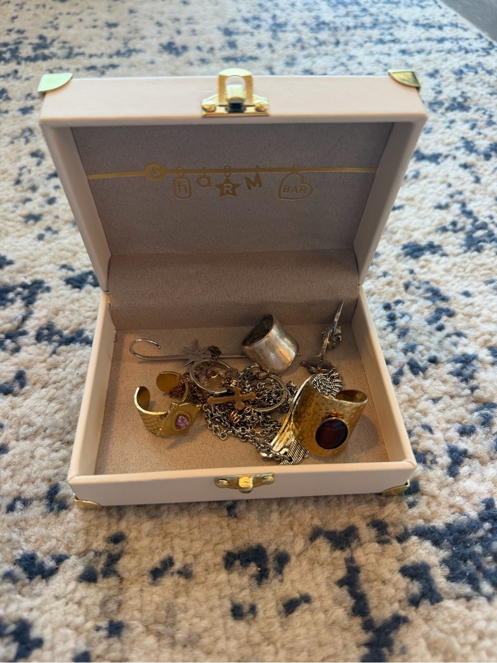 Pink Jewelry Box with Mixed Gold-Tone Rings & Chains